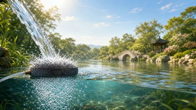 水流从上方冲击漂在花园池面的黑色圆形气石，透明软管连接其侧面，水下密集气泡不断冒出。
