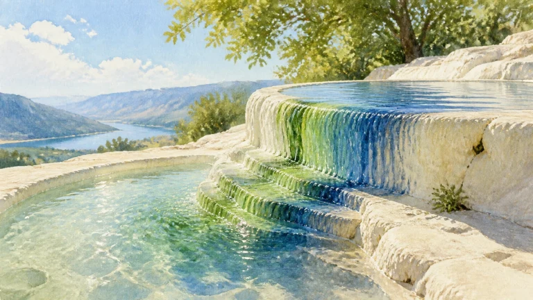 水彩画中，清水从白色岩石的蓝绿阶梯池层层流下，远处山谷湖泊在阳光下展开。