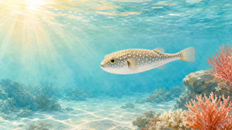 水彩画中，一条布满白色斑点的浅褐色河豚状鱼游过珊瑚礁，海面阳光从左上方照入水中。