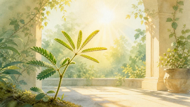水彩画中，一株羽状复叶幼苗生长在阳光明亮的拱廊里，周围摆着盆栽并垂落藤蔓。