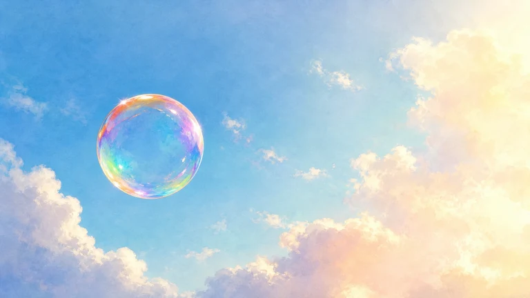 一只巨大的虹彩肥皂泡漂浮在蓝天与发光云层前，球面映出粉金和蓝绿色光泽。