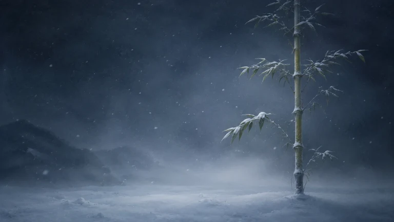 一根带稀疏叶片的竹子立在覆雪地面上，风雪掠过深色山影，竹节与叶面覆着白雪。
