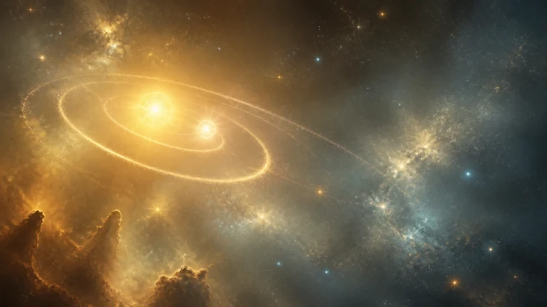 两颗发光的金色星体被多层轨道环绕，悬在灿烂星云与密集星空之间。