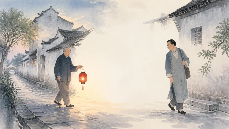 水彩画中，提着红灯笼和手杖的老人走向背包男子，两人在白墙黛瓦的水乡石巷相遇。