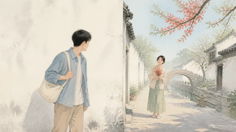 水彩画中，一名背帆布包的人从白墙转角探身，看向运河边手捧红花的女子与石拱桥。