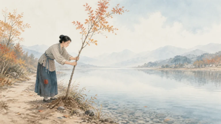 水彩画中，一名女子在秋日湖岸双手扶正新栽的小树，平静湖水倒映远山与橙叶。