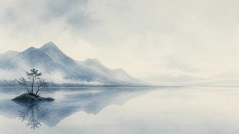 淡蓝水彩画中，一座长着小树的岩石岛倒映在平静湖面，雾气环绕远处层叠群山。