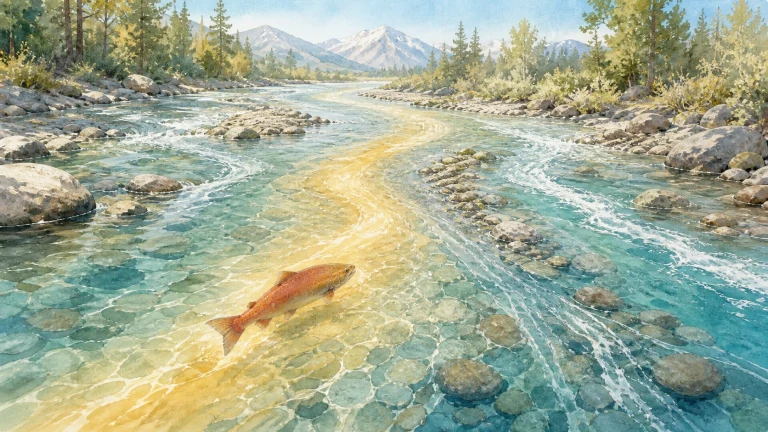 水彩画中，一条橙红色鲑鱼沿清澈山间河流逆流而上，前方是森林与雪山。