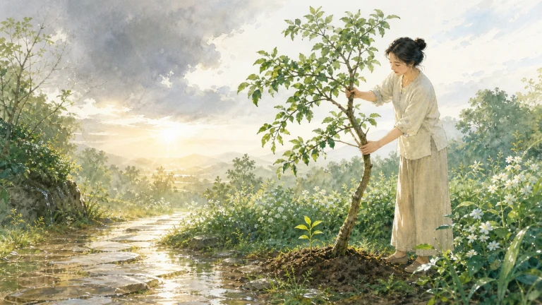 水彩画中，一名女子在湿润石径边双手扶正新栽的小树，晨光照亮繁花山坡。