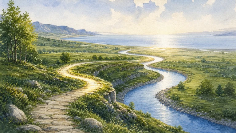 水彩画中，蜿蜒石径与河流穿过绿色平原，一同伸向阳光照亮的湖泊与远山。