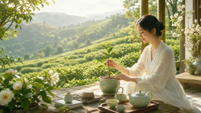 一名穿白衣的女子坐在茶园露台上整理盆栽茶苗，木桌上摆着青瓷茶具与书本。