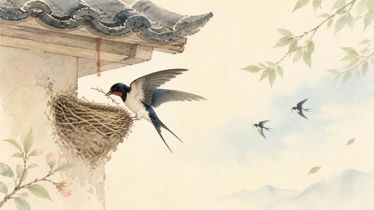 水彩画中，一只燕子衔枝停在中式屋檐下的燕巢旁，另外两只燕子从远处飞来。