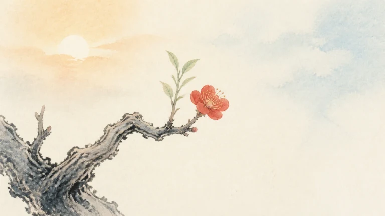 极简水彩画中，苍劲梅枝上绽放一朵红梅并抽出嫩叶，淡淡晨日映在远方云雾间。