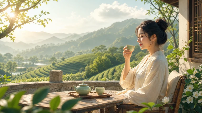 一名穿白衣的女子在山间茶园露台上端着茶杯，远处层叠茶田与群山沐浴晨光。