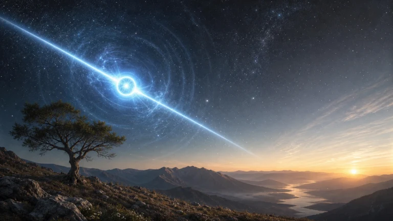 璀璨星空中一颗蓝白色脉冲星向两端发射光束，下方山谷河流迎来晨曦。