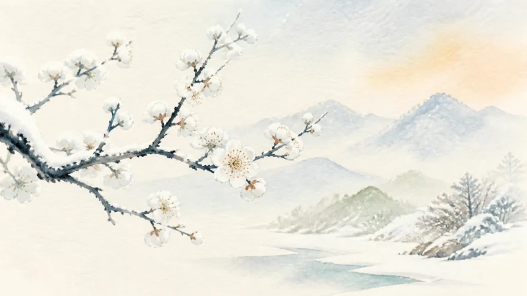 水彩画中，一枝覆雪白梅横过冬日河谷，远处是白雪覆盖的山峦与河流。