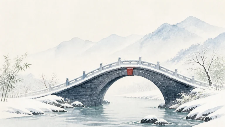 水彩画中，一座深色石拱桥横跨雪后河流，两岸竹林、枯树与远山笼罩薄雾。