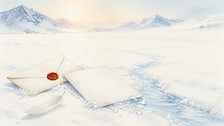 水彩画中，红色蜡封信封、空白信纸与白羽毛放在雪地溪边，远处可见冬日群山。