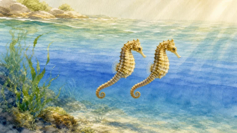 水彩画中，两只金色海马并排游在清澈浅海里，左侧海草随水摆动。