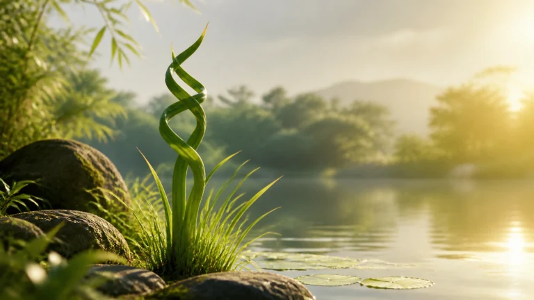 一株叶片盘旋成双螺旋形的绿色水生植物长在湖边岩石间，晨光映照水面。