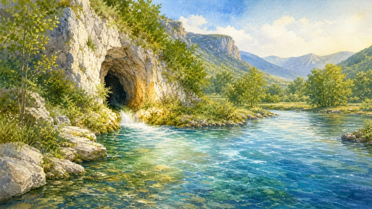 水彩画中，清澈河流从山谷岩洞涌出，流经绿树与群山环绕的开阔河谷。