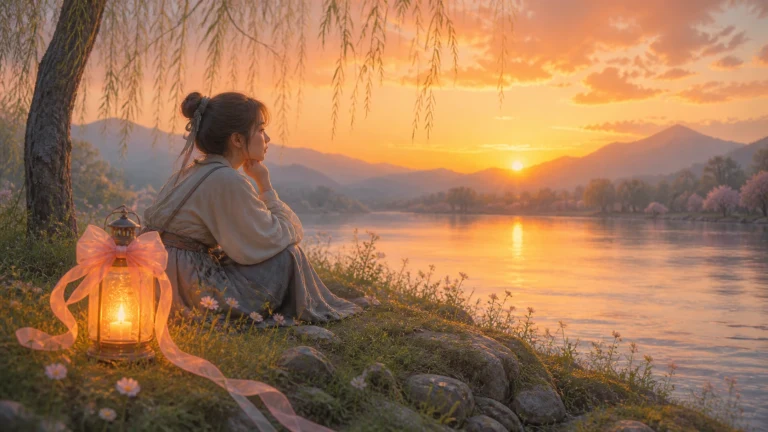 一名女子坐在柳树下的湖岸观看落日，身旁点亮的提灯系着粉色蝴蝶结。