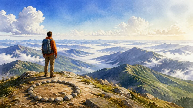 水彩画中，一名背包徒步者站在高山崖顶眺望云海，脚边一圈圆石围成环形。