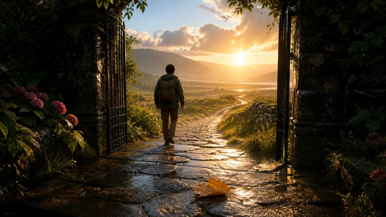 一名背包男子走出敞开的石墙铁门，沿雨后石路走向夕阳照亮的山谷与湖泊。