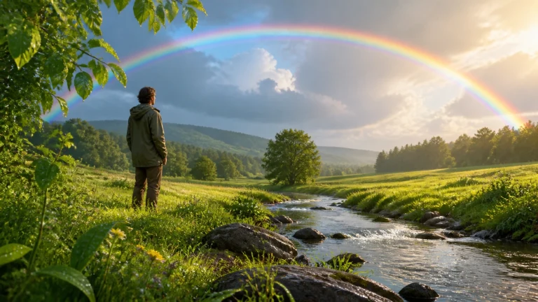 一名穿雨衣的男子站在雨后溪边仰望横跨山谷的彩虹，阳光照亮湿润草地。