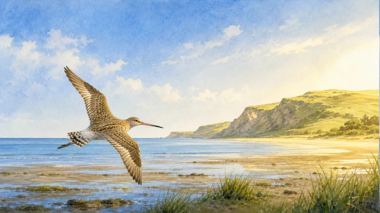 水彩画中，一只长嘴涉禽展翅飞过海边浅滩，远处阳光照亮草坡与岩岸。