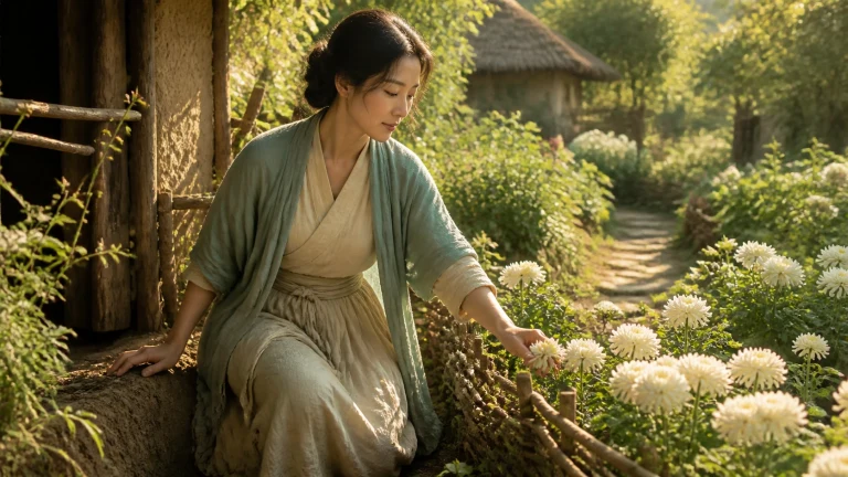 一名穿浅色长裙的女子坐在乡间小屋旁，伸手触碰石径边盛开的白菊。