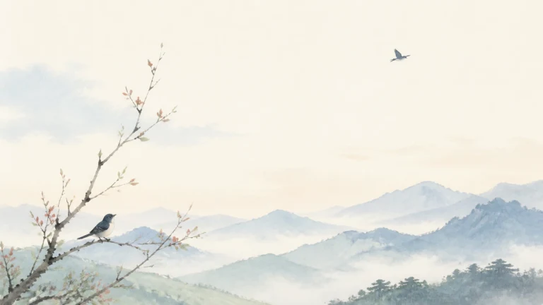 水彩画中，一只蓝灰色小鸟停在初生嫩叶的枝头，另一只鸟飞过云雾群山。