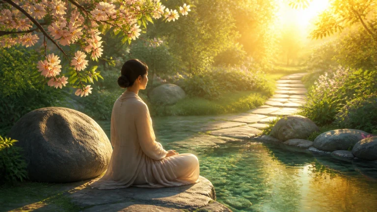 一名穿浅色长衣的女子盘腿坐在清澈溪边冥想，夕阳穿过花树照亮石径。