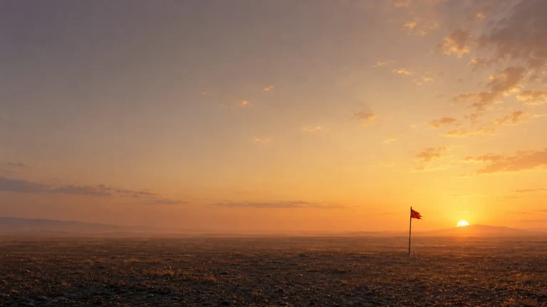 一面红旗立在辽阔荒原上，橙色夕阳贴近远方山脉的地平线。