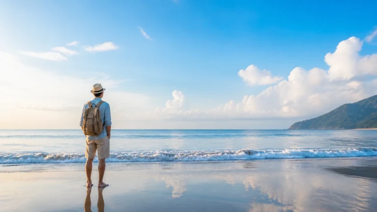 一名戴帽背包的男子赤脚站在海滩上望向蓝色海面，远处山坡伸入海湾。