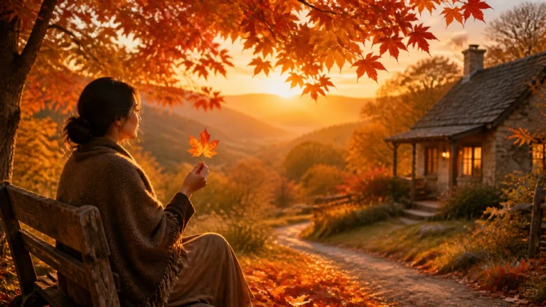 一名披着围巾的女子坐在秋日林边长椅上举起红枫叶，夕阳照亮旁边石屋。