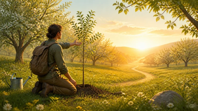 一名背包园艺者跪在果园中栽种幼树，洒水壶放在身旁，夕阳照向山谷小径。
