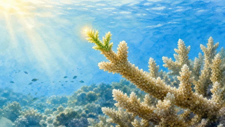 水彩画中，阳光穿过蓝色海水照亮浅海珊瑚，远处有一群小鱼游过。