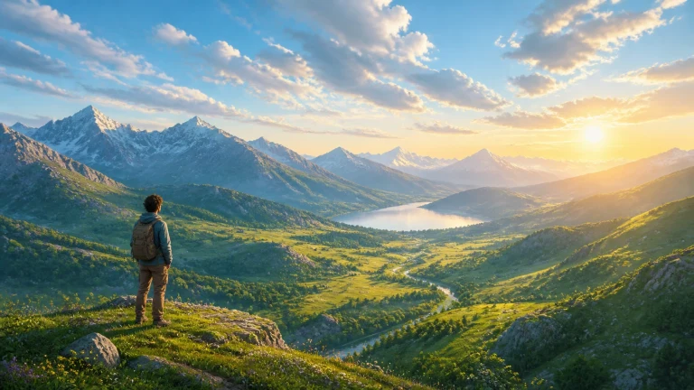背包男子站在高山草坡俯瞰夕阳下的湖谷