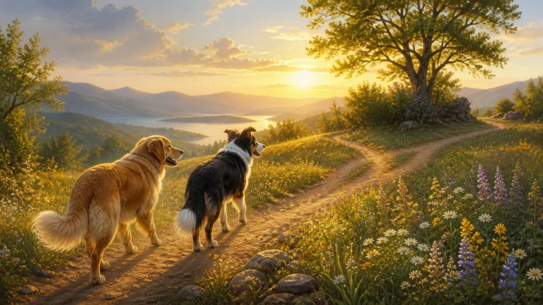 金毛犬与边境牧羊犬沿野花山路走向湖畔夕阳