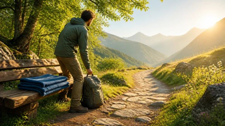 男子在清晨山径旁的长椅前整理登山背包