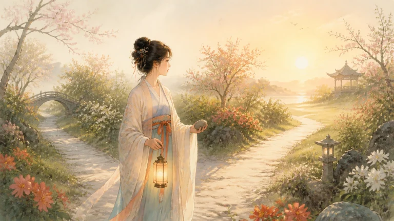 白衣女子提灯站在晨光花园的岔路口