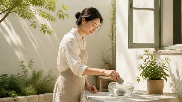 女子在明亮窗边向玻璃茶壶中倒水