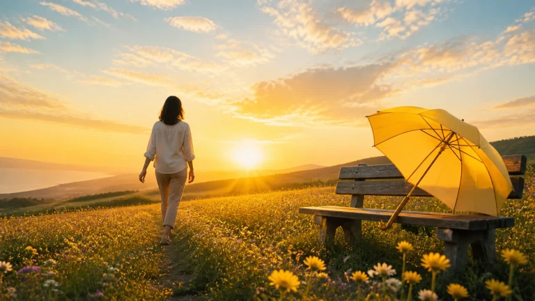 女子离开长椅与黄色遮阳伞走向夕阳花海