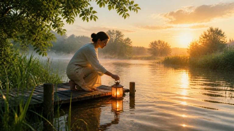 女子蹲在夕阳湖边木码头放置发光提灯