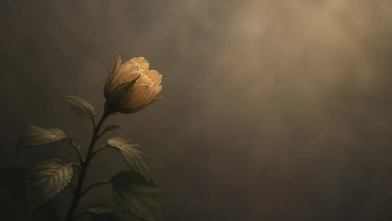 昏暗背景中一朵浅色花苞在光束下开放