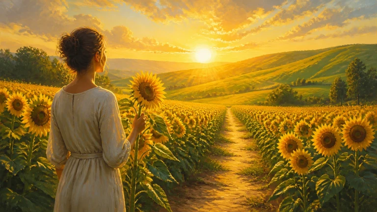 白衣女子站在夕阳照耀的向日葵田间