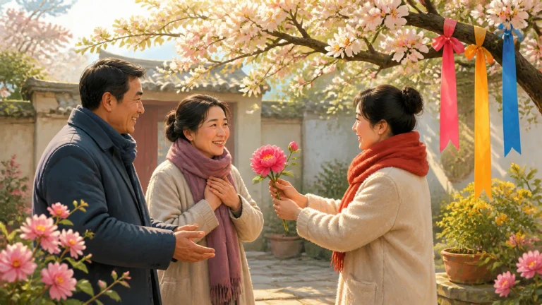 三人在挂着彩带的春日花园互赠粉色花朵