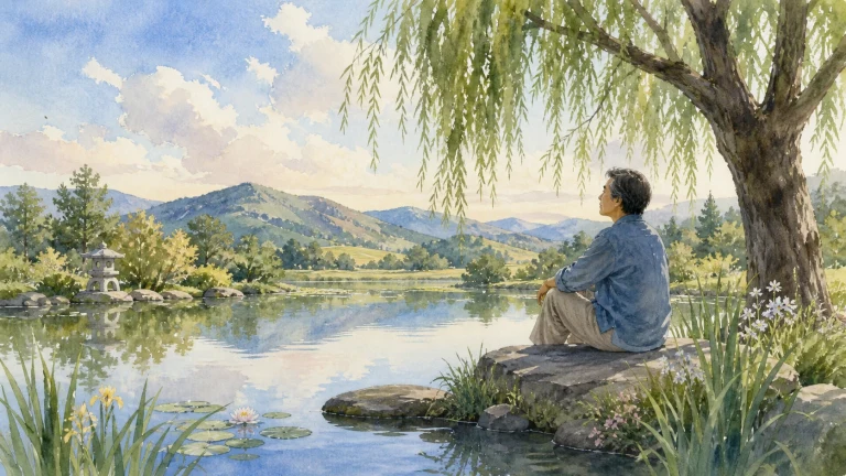 一人静坐垂柳下的湖畔眺望远山