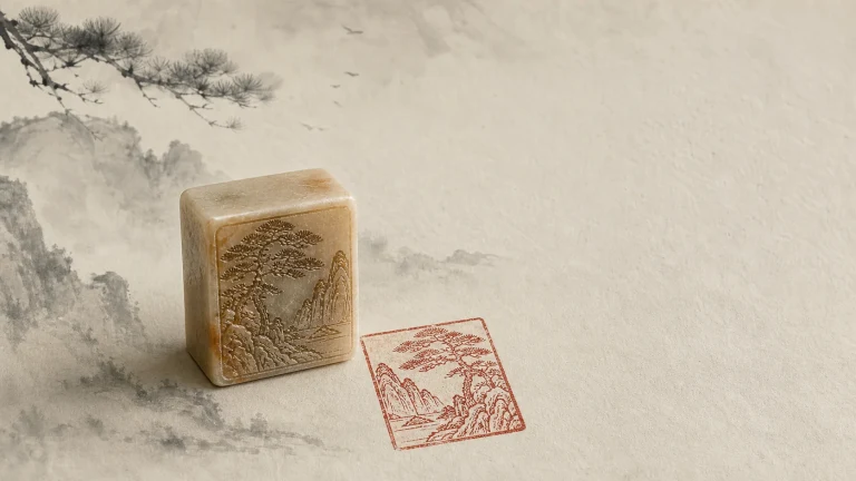 方形石印章与红色印文摆在水墨纸面上